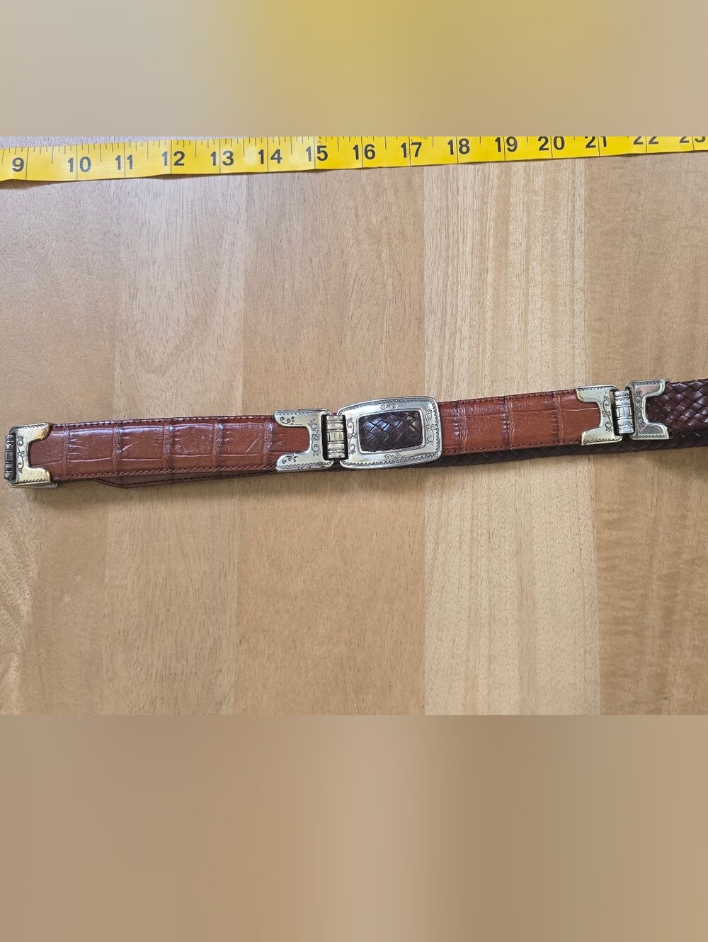 Brighton Women's Brown Leather Belt 9A107 Braided Croc Embossed Silver Tone M/L